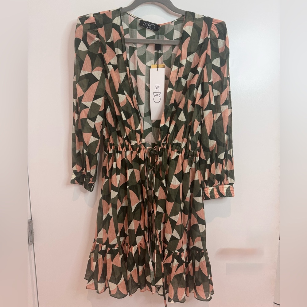 PatBO Abstract Pattern Long Sleeve Beach Dress - Green and Pink/Mini Robe